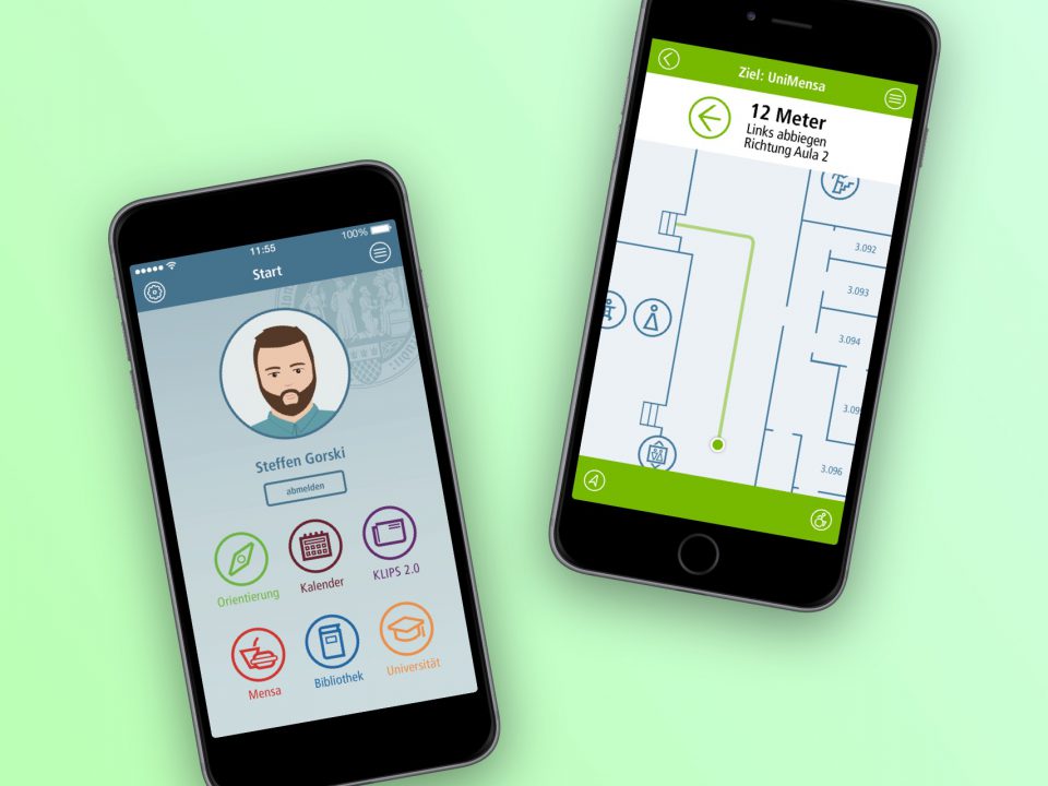 Smartphones mit Entwürfen für eine App für die Uni Köln