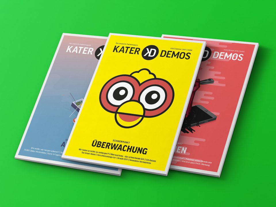 Kater Demos – Cover der Ausgaben zu den Themen Überwachung, Arbeit und Medien